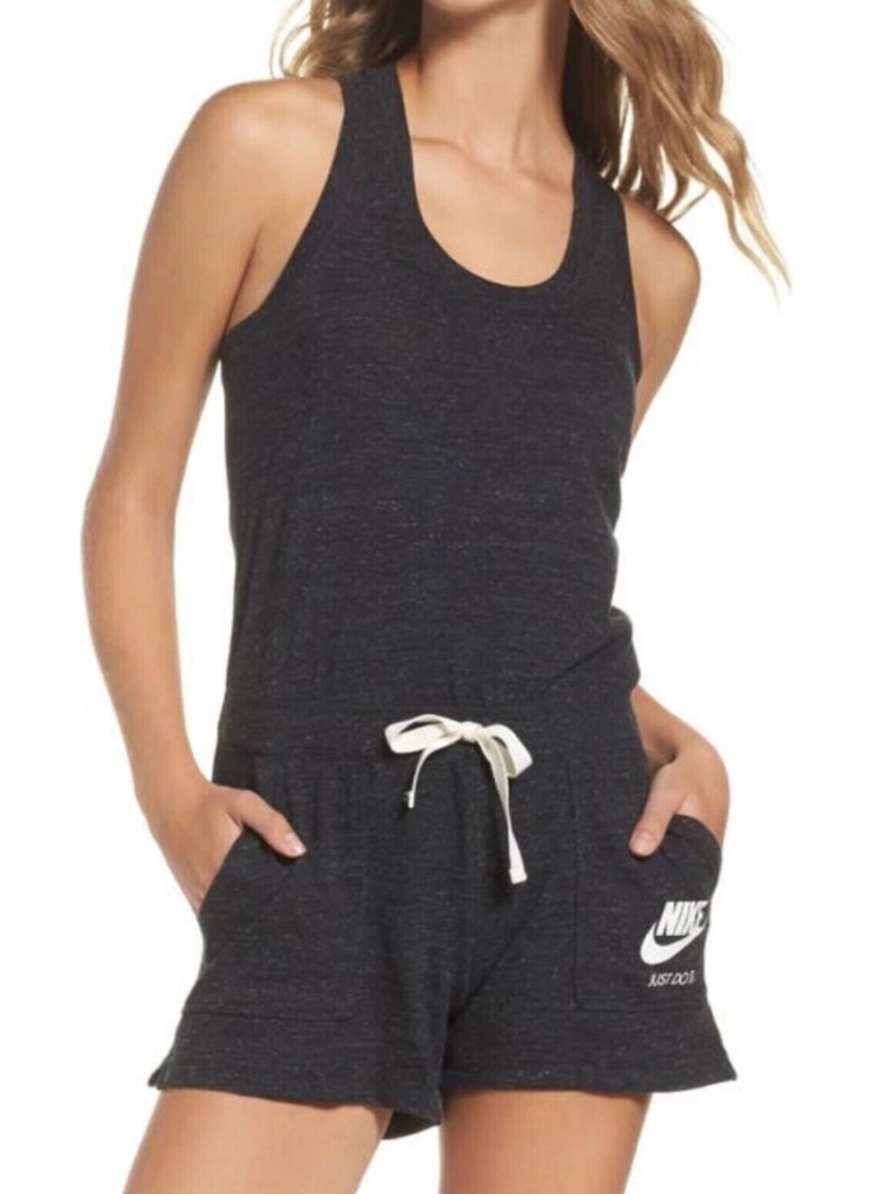 NIKE • Retro Gym Charcoal Gray Heather Racerback Romper. Drawstring Women’s Sz-L